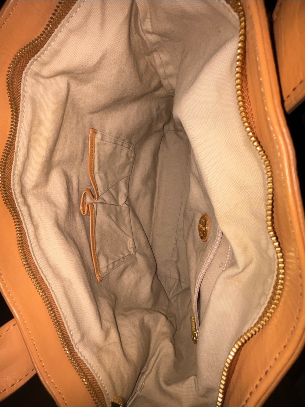 Tory Burch Turquoise and White Striped Canvas Tote with Tan Leather Trim - Picture 3 of 12